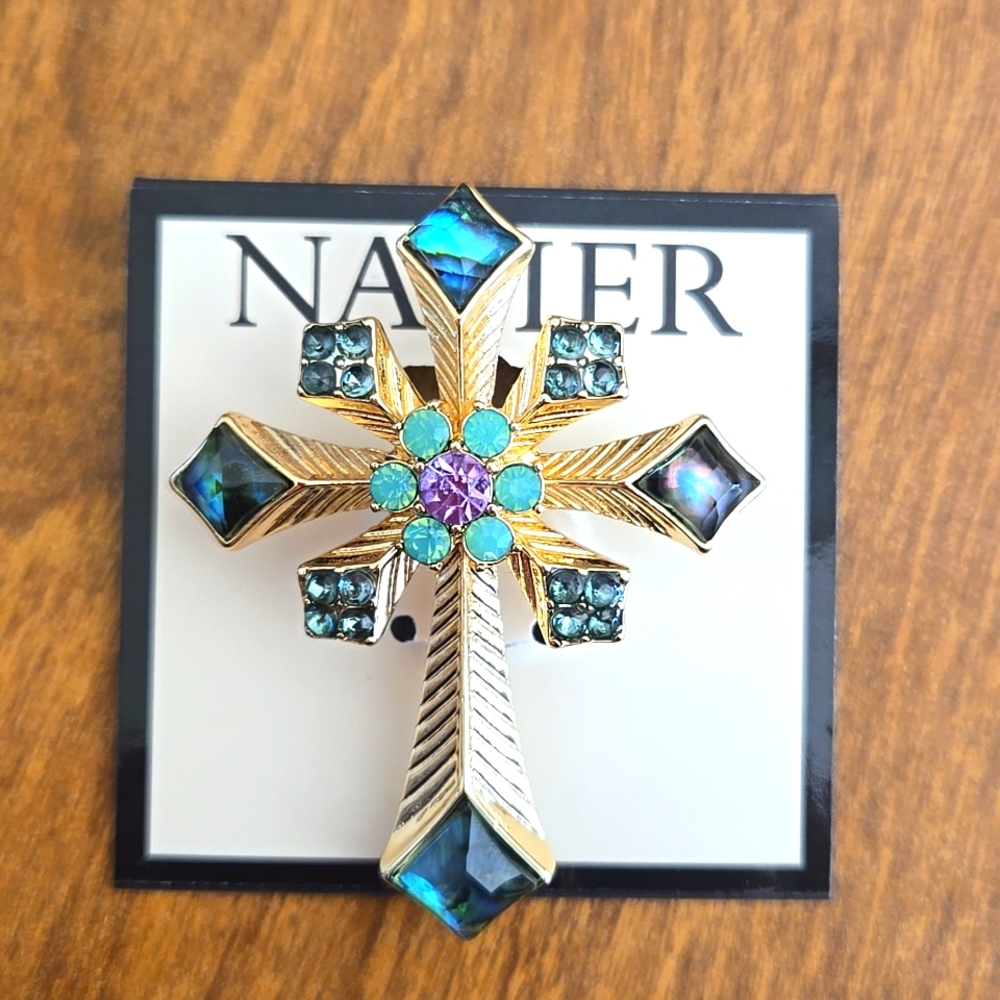 Napier Cross Brooch Pin Dichroic Glass and Rhinestone